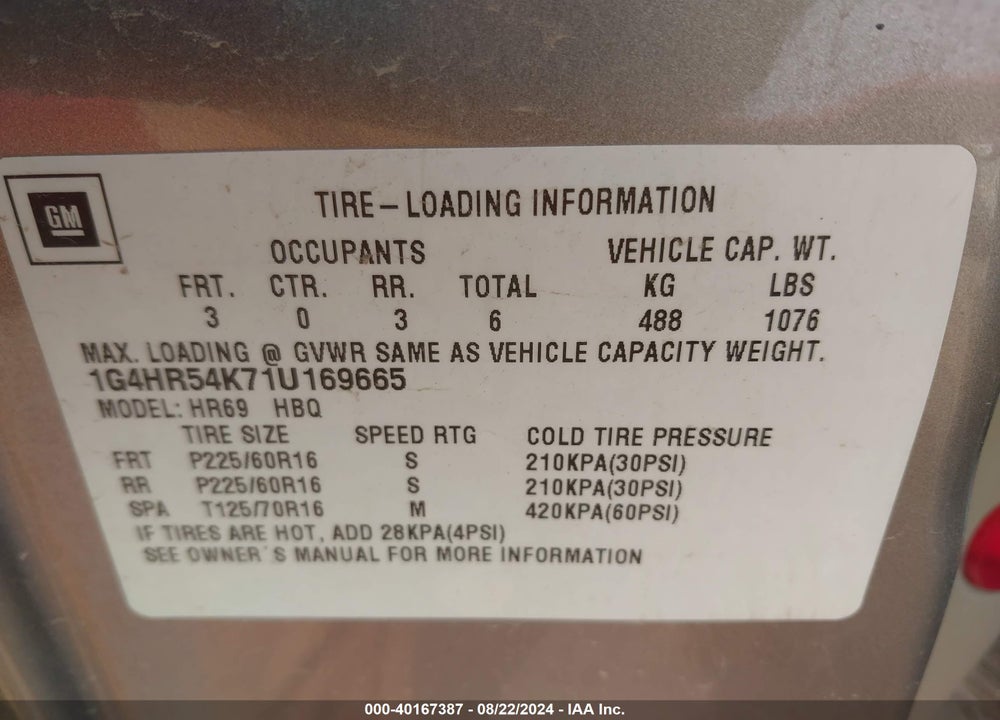 2001 BUICK LESABRE LIMITED VIN: 1G4HR54K71U169665
