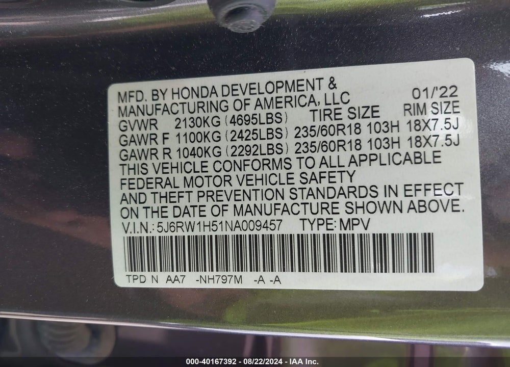 2022 HONDA CR-V 2WD EX VIN: 5J6RW1H51NA009457