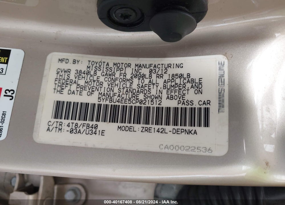 2012 TOYOTA COROLLA LE VIN: 5YFBU4EE5CP021512