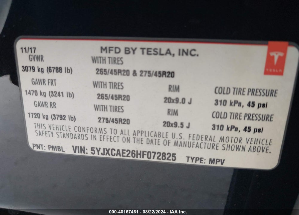 2017 TESLA MODEL X 100D/75D/90D VIN: 5YJXCAE26HF072825