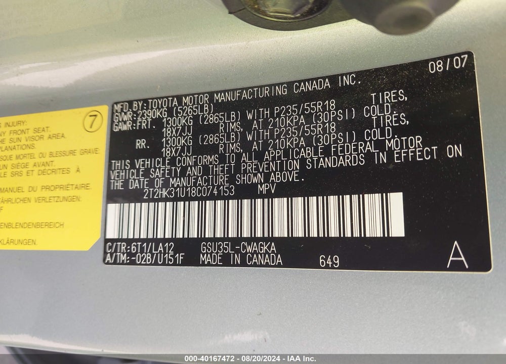 2008 LEXUS RX 350 VIN: 2T2HK31U18C074153