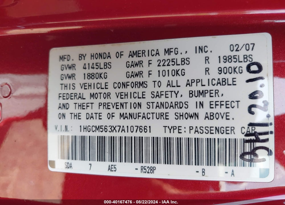 2007 HONDA ACCORD VIN: 1HGCM563X7A107661