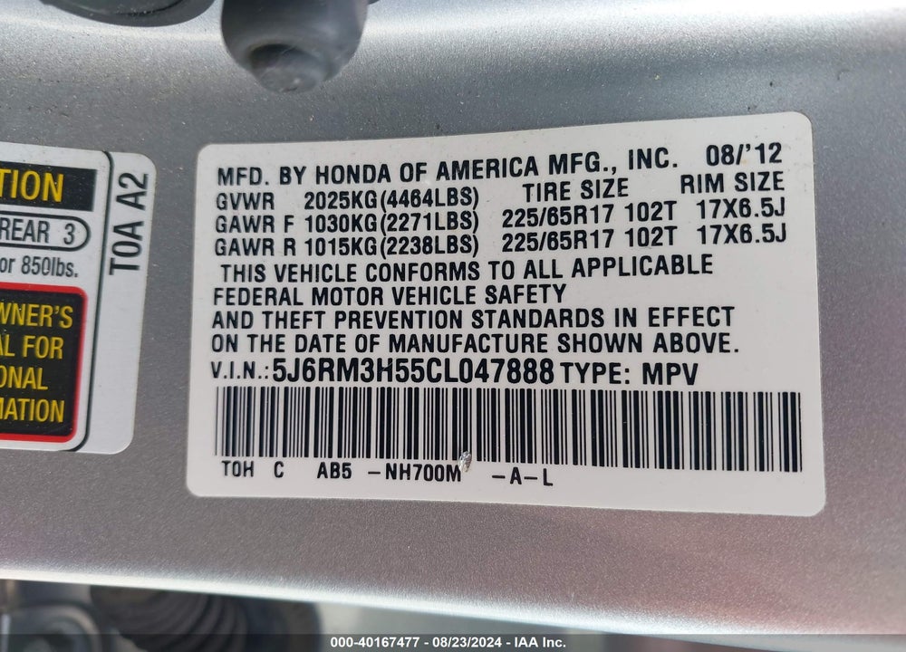 2012 HONDA CR-V VIN: 5J6RM3H55CL047888