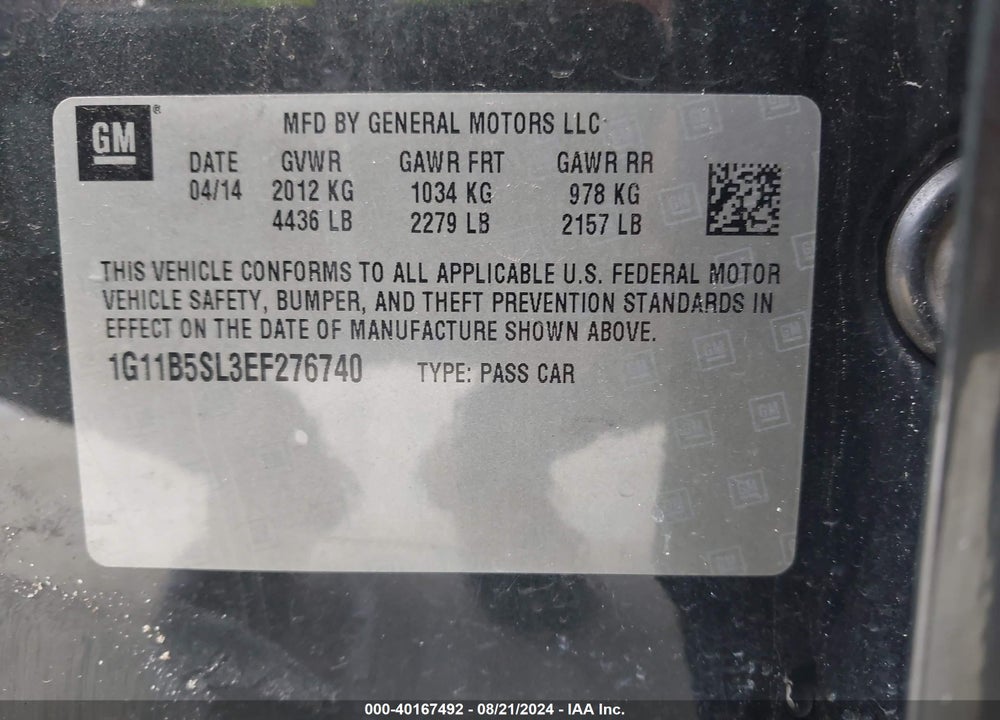 2014 CHEVROLET MALIBU 1LS VIN: 1G11B5SL3EF276740