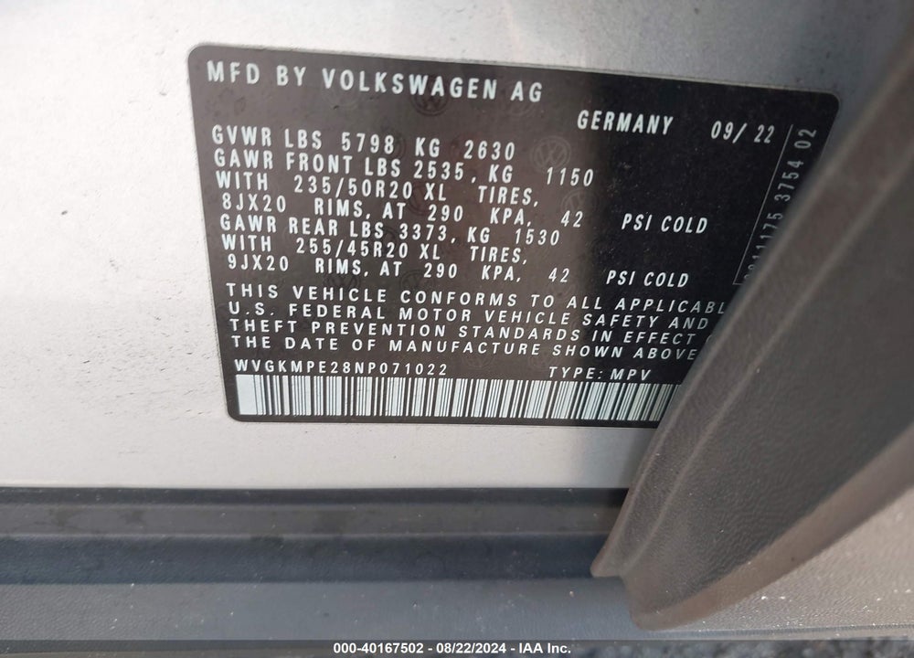 2022 VOLKSWAGEN ID.4 PRO S VIN: WVGKMPE28NP071022
