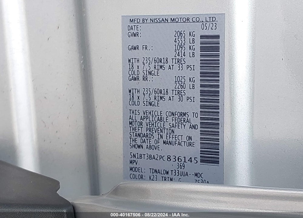 2023 NISSAN ROGUE SV FWD VIN: 5N1BT3BA2PC836145