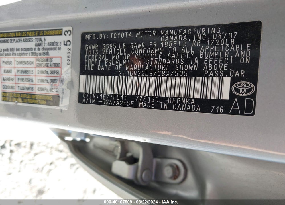 2007 TOYOTA COROLLA VIN: 2T1BR32E97C827505