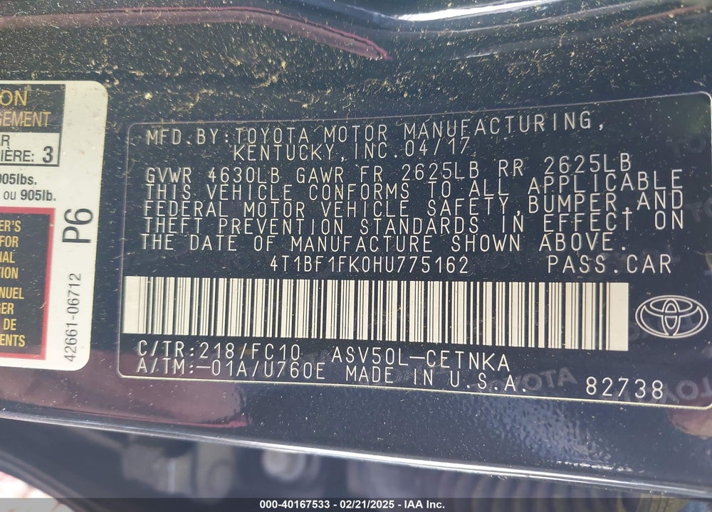 2017 TOYOTA CAMRY VIN: 4T1BF1FK0HU775162