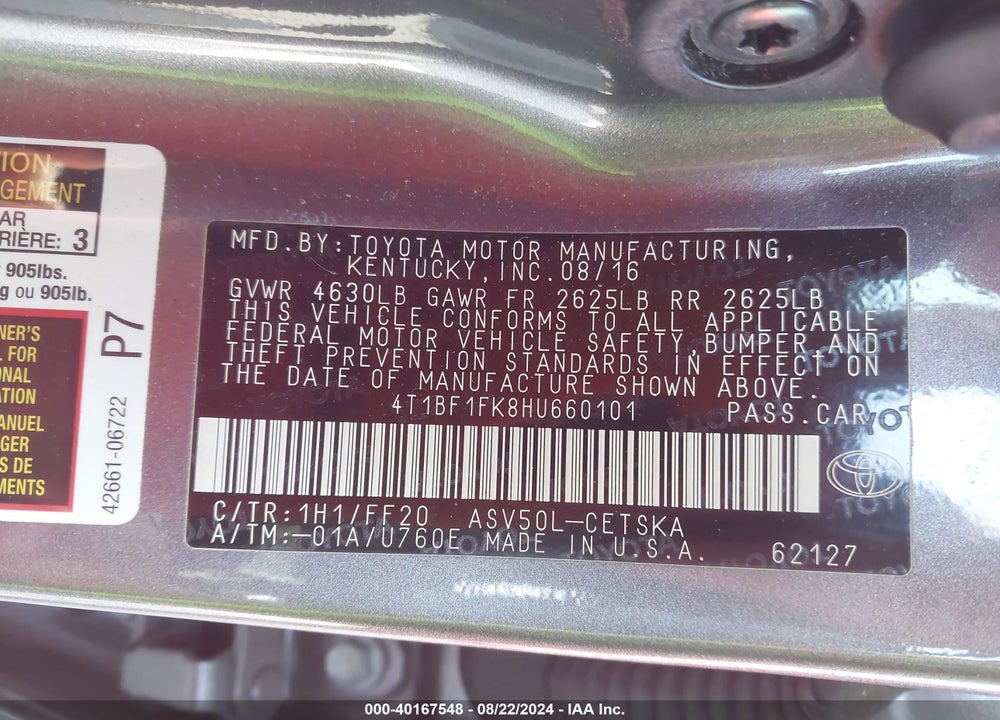 2017 TOYOTA CAMRY VIN: 4T1BF1FK8HU660101