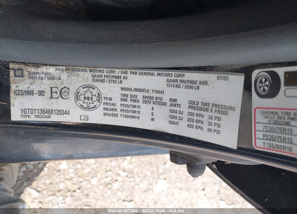 2006 GMC CANYON SLE1/SLE2/SLT VIN: 1GTDT136468120344