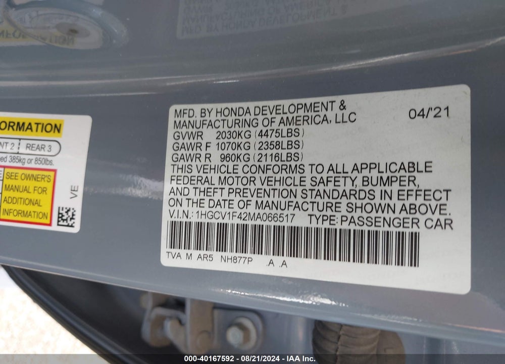 2021 HONDA ACCORD SPORT SPECIAL EDITION VIN: 1HGCV1F42MA066517