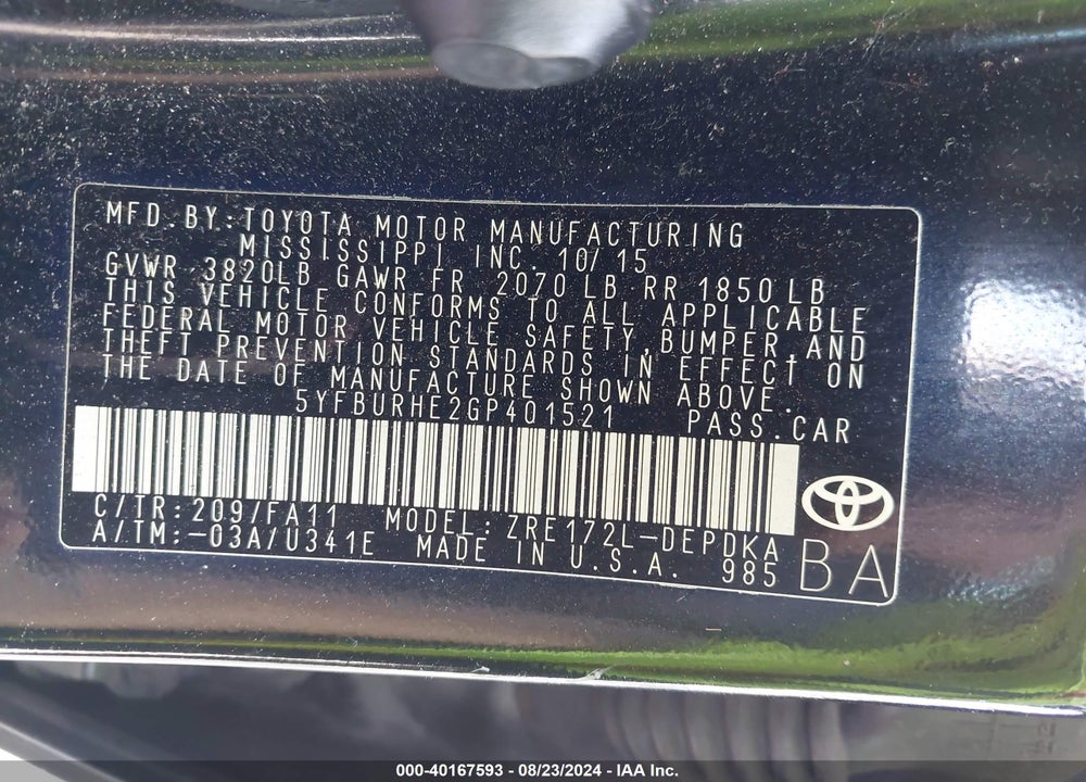 2016 TOYOTA COROLLA L VIN: 5YFBURHE2GP401521