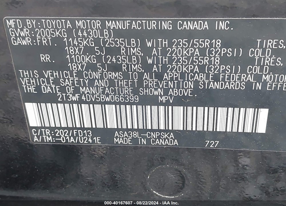 2011 TOYOTA RAV4 SPORT VIN: 2T3WF4DV5BW066399