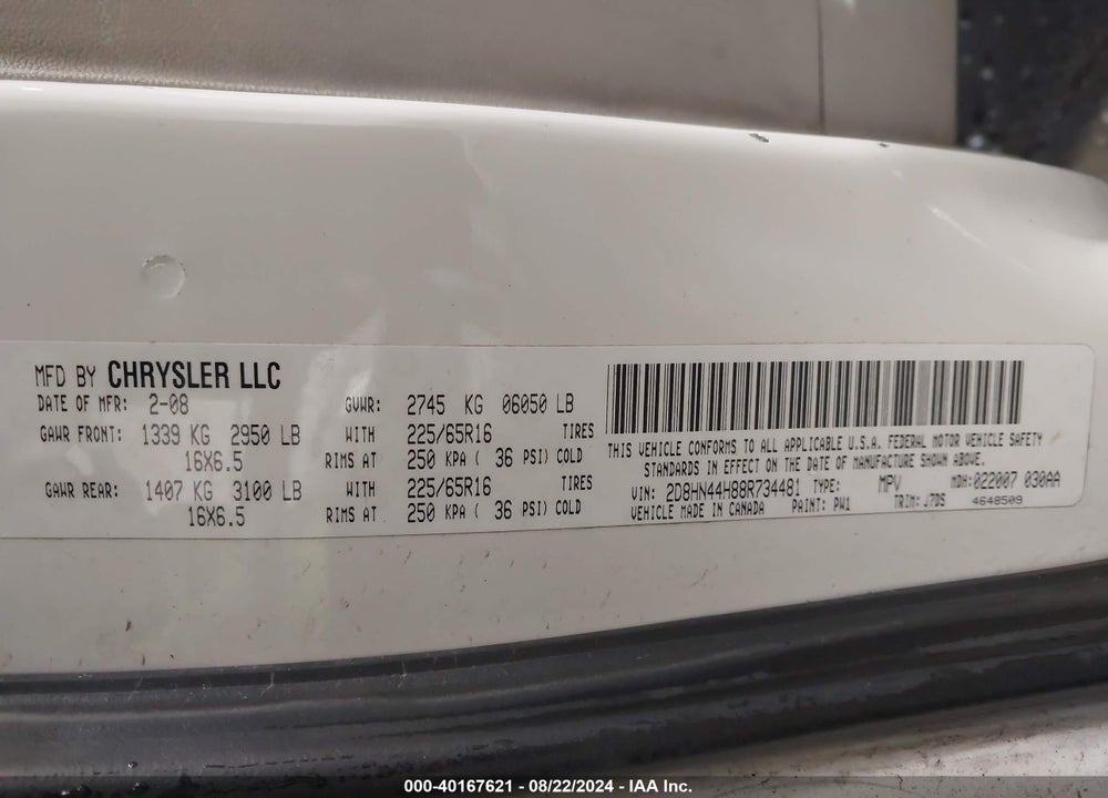 2008 DODGE GRAND CARAVAN SE VIN: 2D8HN44H88R734481