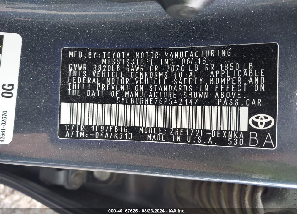 2016 TOYOTA COROLLA LE VIN: 5YFBURHE7GP542147