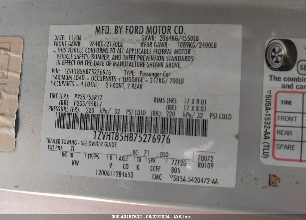 2007 FORD MUSTANG GT DELUXE/GT PREMIUM VIN: 1ZVHT85H875276976