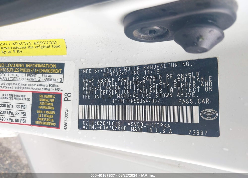 2016 TOYOTA CAMRY XSE VIN: 4T1BF1FK5GU547902