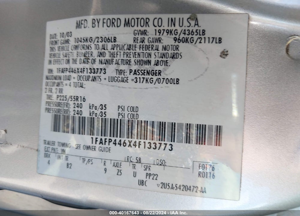 2004 FORD MUSTANG VIN: 1FAFP446X4F133773