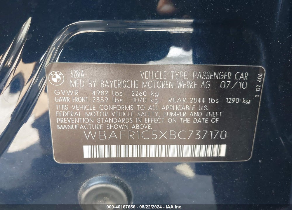 2011 BMW 528I VIN: WBAFR1C5XBC737170