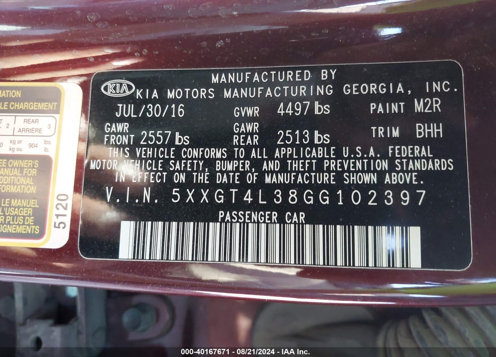 2016 KIA OPTIMA LX VIN: 5XXGT4L38GG102397