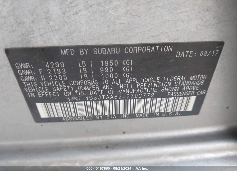 2018 SUBARU IMPREZA 2.0I VIN: 4S3GTAA62J3702772