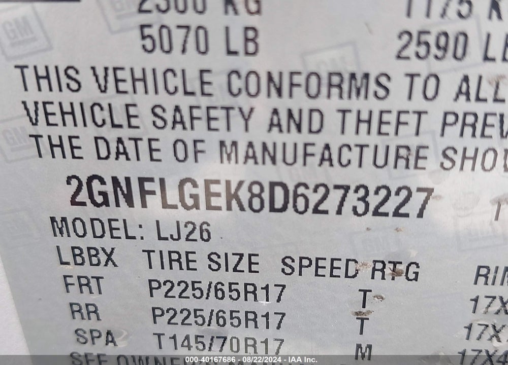 2013 CHEVROLET EQUINOX LTZ VIN: 2GNFLGEK8D6273227