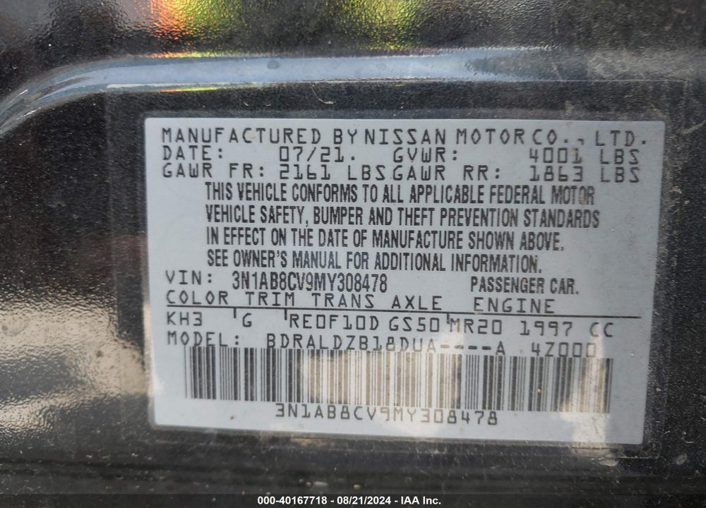 2021 NISSAN SENTRA SV XTRONIC CVT VIN: 3N1AB8CV9MY308478