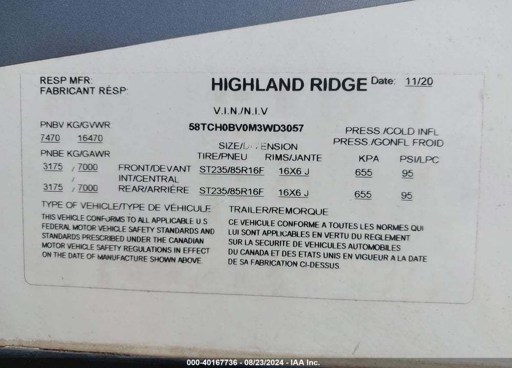 2021 HIGHLAND RIDGE SILVERSTAR 371 VIN: 58TCH0BV0M3WD3057