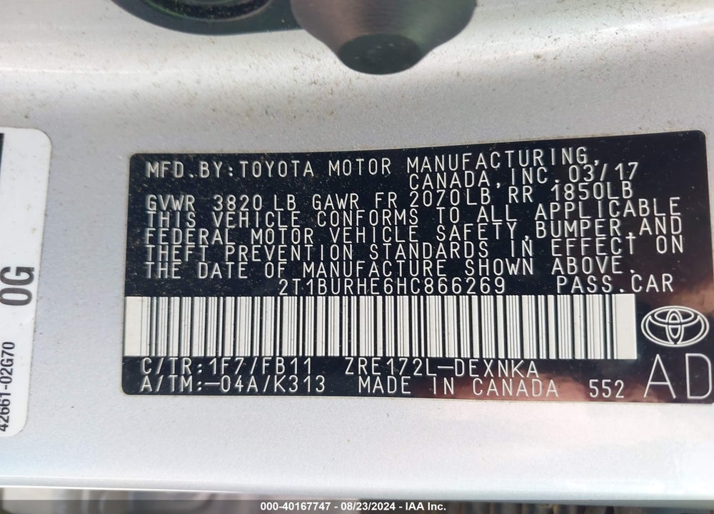 2017 TOYOTA COROLLA LE VIN: 2T1BURHE6HC866269