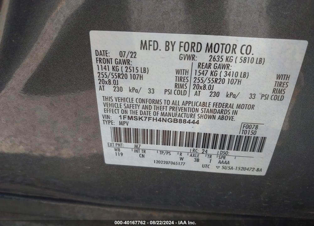 2022 FORD EXPLORER LIMITED VIN: 1FMSK7FH4NGB88444