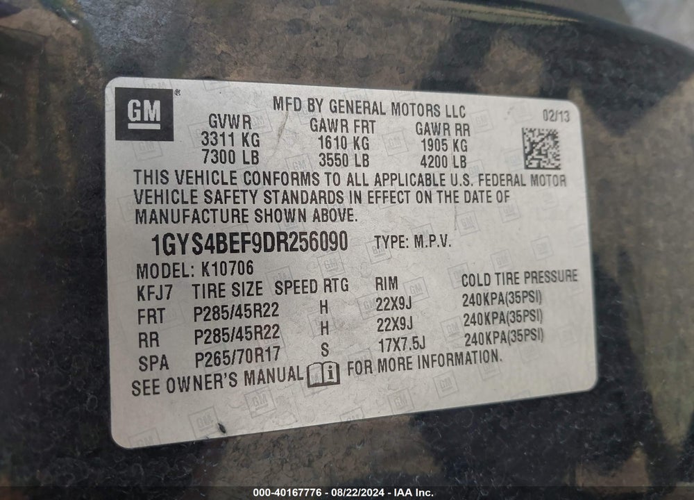 2013 CADILLAC ESCALADE LUXURY VIN: 1GYS4BEF9DR256090