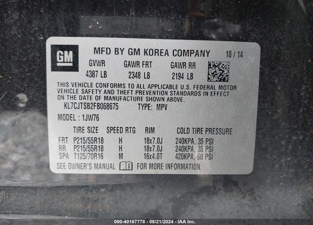 2015 CHEVROLET TRAX LTZ VIN: KL7CJTSB2FB068675