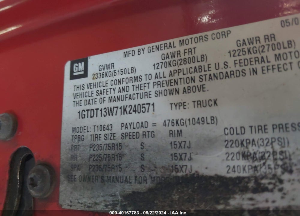 2001 GMC SONOMA VIN: 1GTDT13W71K240571