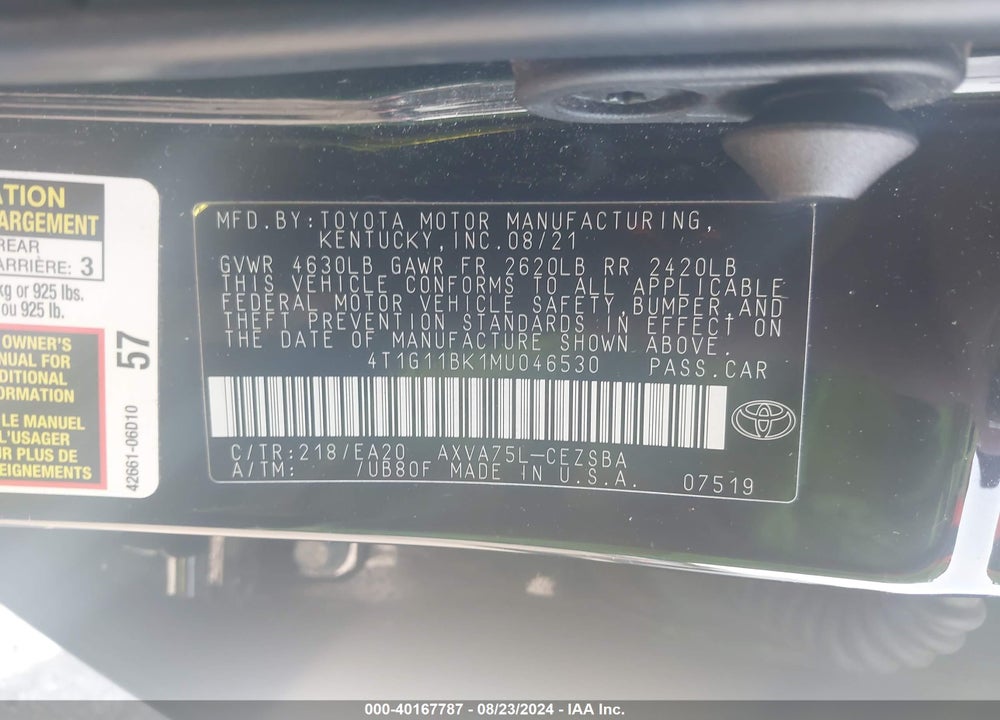 2021 TOYOTA CAMRY SE AWD VIN: 4T1G11BK1MU046530