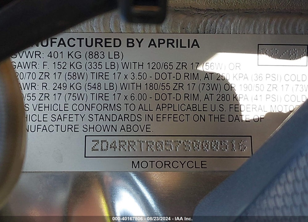 2007 APRILIA RSV 1000 R VIN: ZD4RRTR057S000516