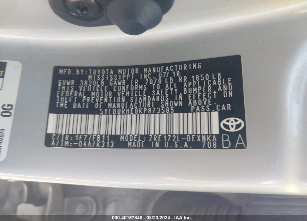 2019 TOYOTA COROLLA LE VIN: 5YFBURHE8KP873585