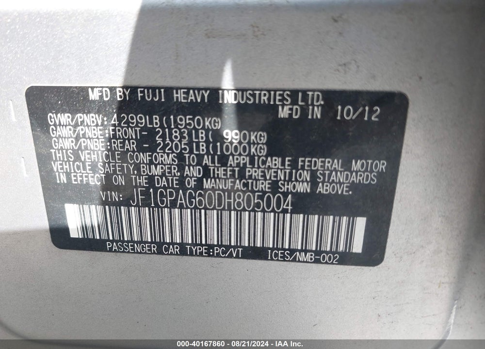 2013 SUBARU IMPREZA 2.0I LIMITED VIN: JF1GPAG60DH805004