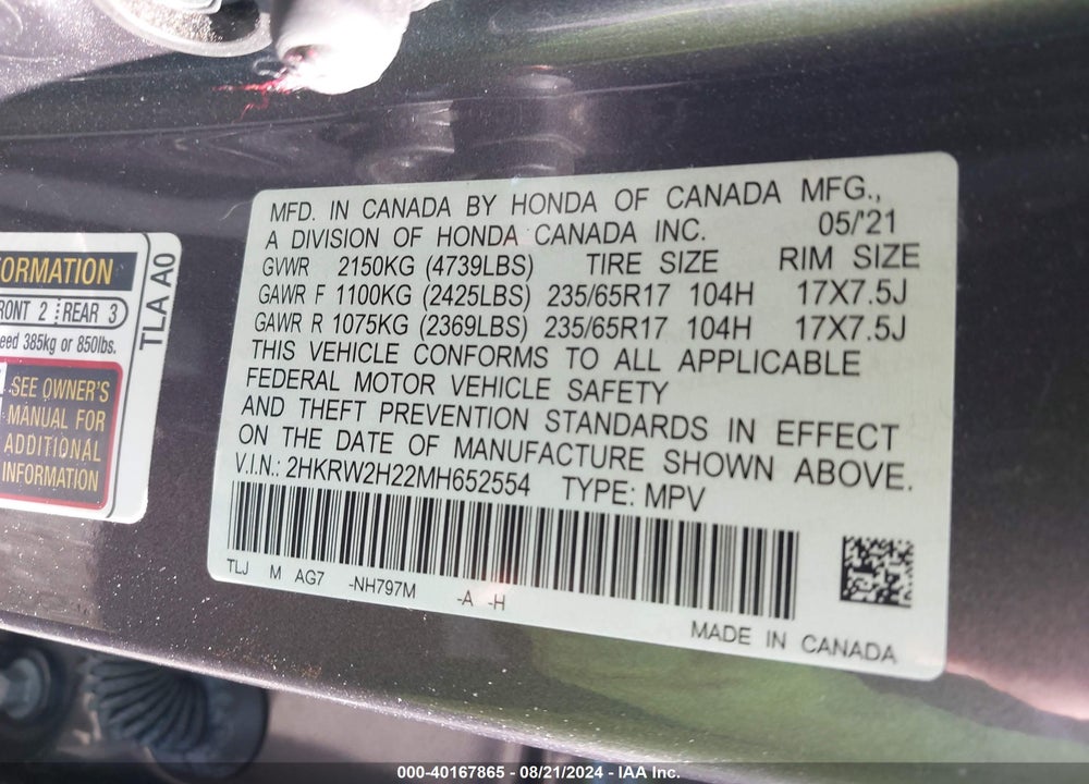 2021 HONDA CR-V AWD LX VIN: 2HKRW2H22MH652554
