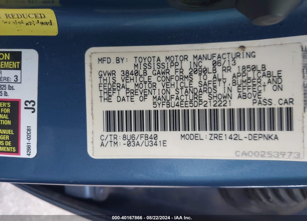 2013 TOYOTA COROLLA LE VIN: 5YFBU4EE5DP212221