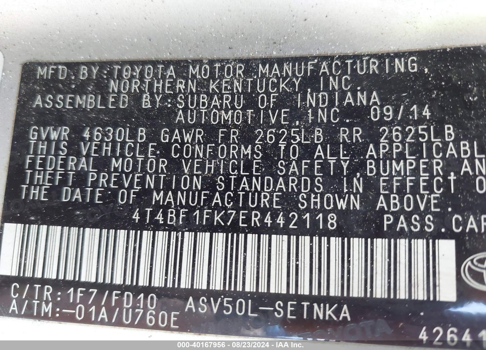 2014 TOYOTA CAMRY LE VIN: 4T4BF1FK7ER442118