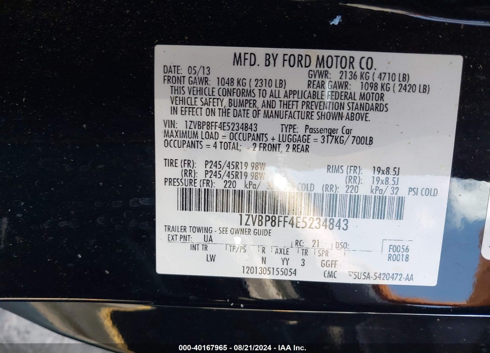 2014 FORD MUSTANG GT PREMIUM VIN: 1ZVBP8FF4E5234843