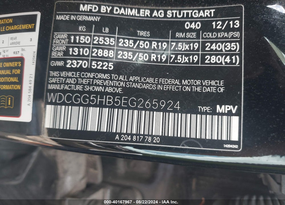 2014 MERCEDES-BENZ GLK 350 VIN: WDCGG5HB5EG265924