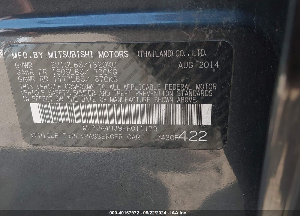 2015 MITSUBISHI MIRAGE ES VIN: ML32A4HJ9FH011179