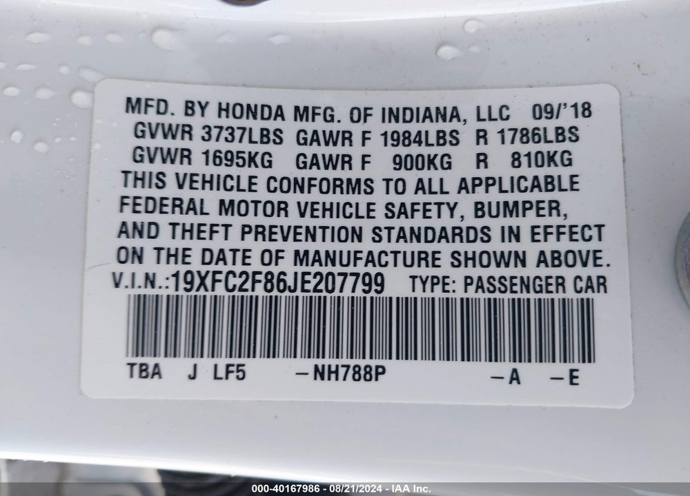2018 HONDA CIVIC EX VIN: 19XFC2F86JE207799