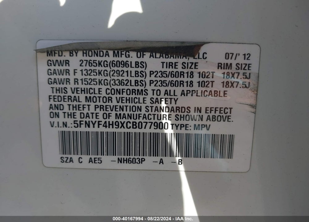 2012 HONDA PILOT TOURING VIN: 5FNYF4H9XCB077900