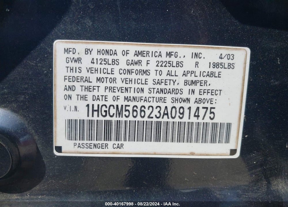 2003 HONDA ACCORD 2.4 EX VIN: 1HGCM56623A091475