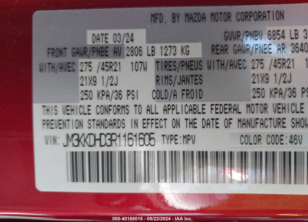 2024 MAZDA CX-90 3.3 TURBO PREMIUM VIN: JM3KKDHD3R1161605