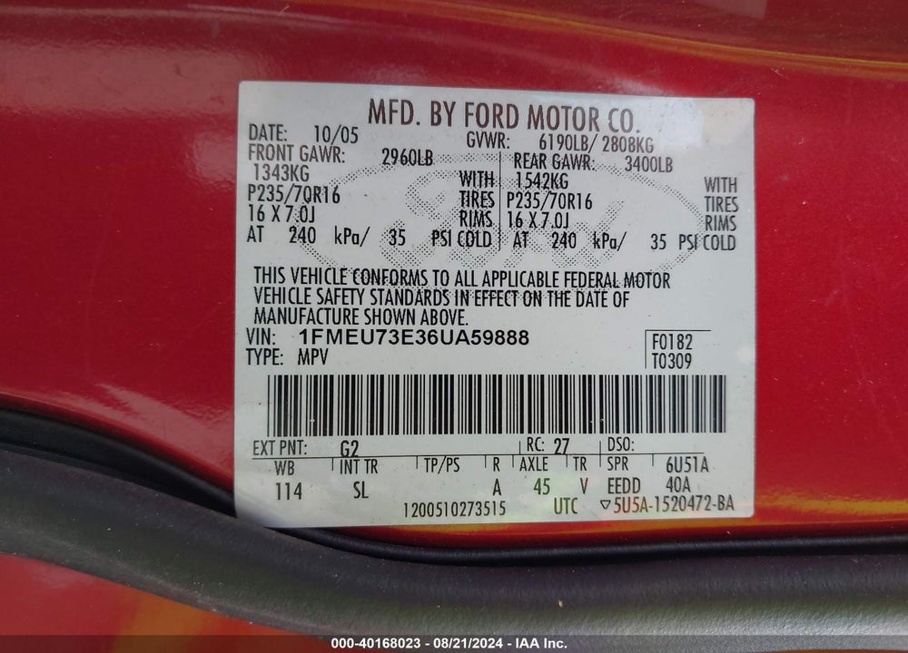 2006 FORD EXPLORER XLT VIN: 1FMEU73E36UA59888