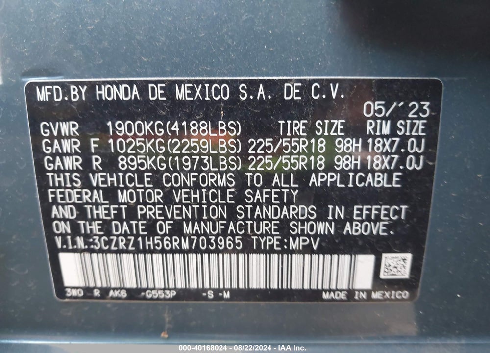 2024 HONDA HR-V 2WD SPORT/2WD SPORT W/O BSI VIN: 3CZRZ1H56RM703965