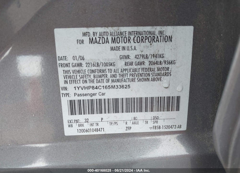 2006 MAZDA 6 I SPORT VIN: 1YVHP84C165M33625